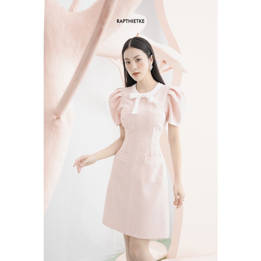 RẬP - Đầm Cỏ Tròn Thắt Nơ Tay Xếp Ly Túi Phía Trước - MASSY 01