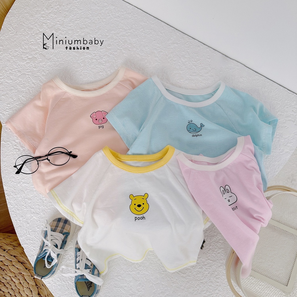 Áo cộc tay cho bé Miniumbaby, áo mùa hè trẻ em chất cotton mát mẻ cổ tròn hình thú nhiều màu sắc-A1428