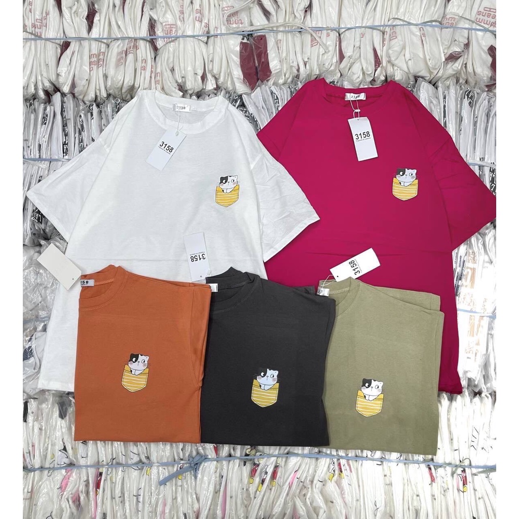Áo phông 3158 tay lỡ form rộng chất cotton khô in hình Túi Mèo dễ thương