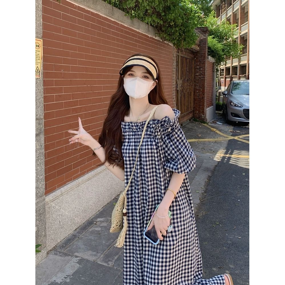 Đầm Trễ Vai Dáng Dài Qua Gối Họa Tiết Kẻ Sọc Thời Trang Mùa Hè 2023 Phong Cách Pháp Cổ Điển Dành Cho Bạn Nữ