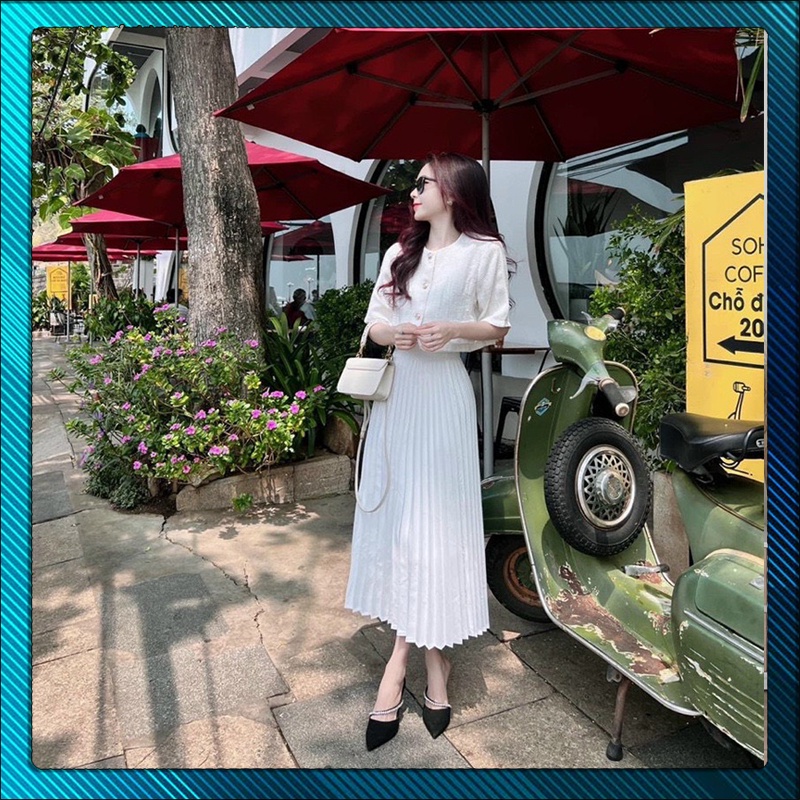Set Áo Công Sở Linen Cài Nút Thật Kèm Chân Váy Voan Dập Ly - Thời Trang Dressery Store
