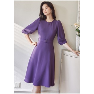 Đầm dáng xoè đầm tím tay lửng cổ tròn công sở tinh tế