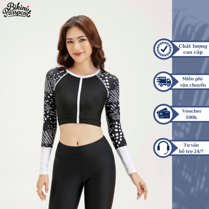 Áo bơi Nữ BIKINI PASSPORT kiểu dáng croptop tay dài khoá kéo- màu Đen - BS194_BL