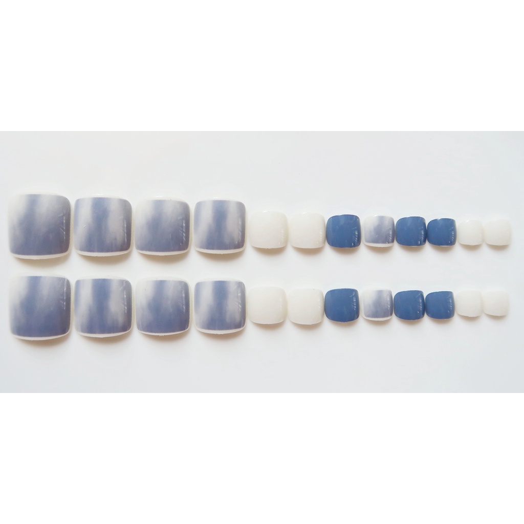 Set 24 móng chân giả, móng up, họa tiết vân mây xanh J141 kèm keo