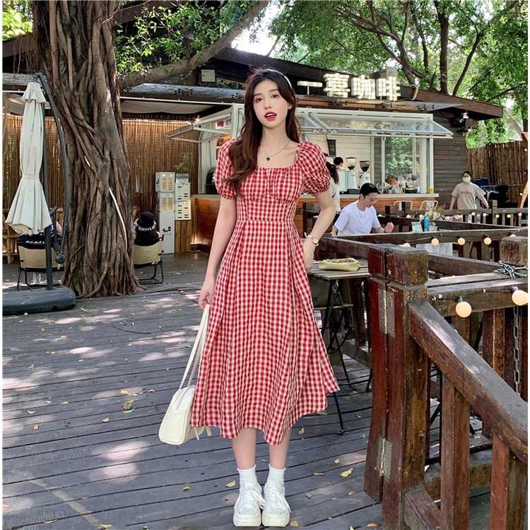 IELGY  Đầm Hai Dây Ôm Dáng Họa Tiết Kẻ Sọc Màu Đỏ Phong Cách hong kong Cổ Điển Thời Trang Cho Nữ