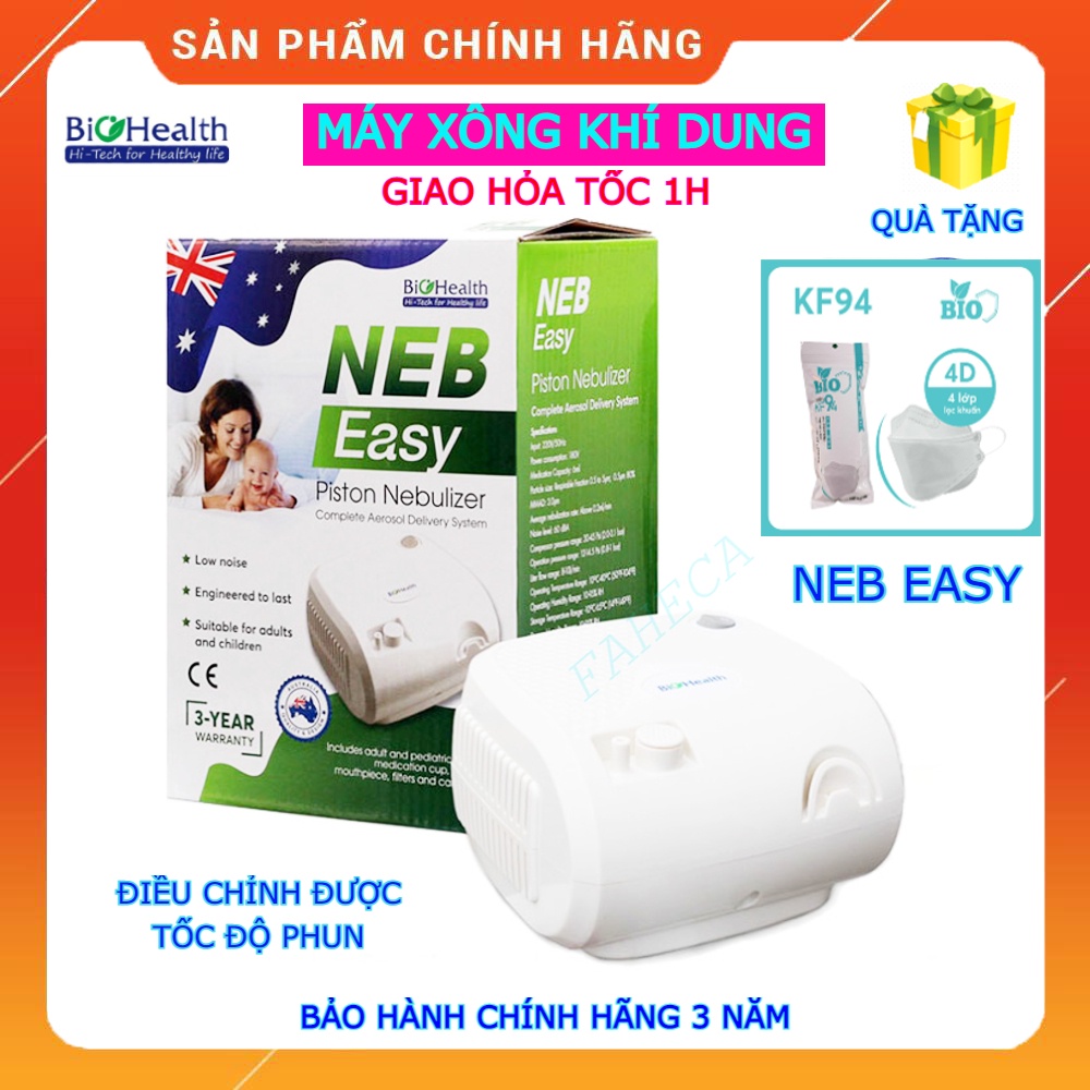 (HỎATỐC-1h)Máy xông mũi họng BIOHEALTH NEBEASY, xông khí dung Neb Easy trẻ em & người lớn, Điều chỉnh tốc độ- Chính hãng