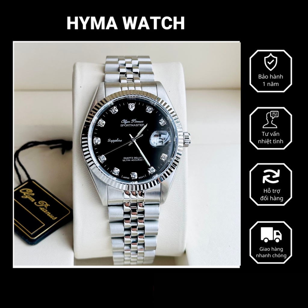 Đồng hồ Nam kính sapphire Olym Pianus OP89322GS-D Dây thép Mặt đen Size 40mm Bảo hành 5 năm Hyma watch