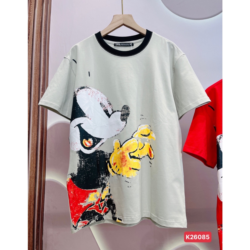 Áo thun nữ ngắn tay cổ tròn Mickey Golden siêu đáng yêu 2 màu xám và đỏ chất cotton 100%