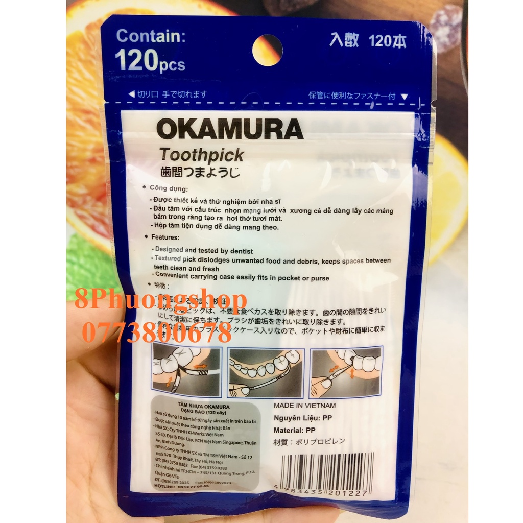 TĂM NHỰA Nhật Bản nha khoa 120 cây /gói OKAMURA làm sạch răng miệng