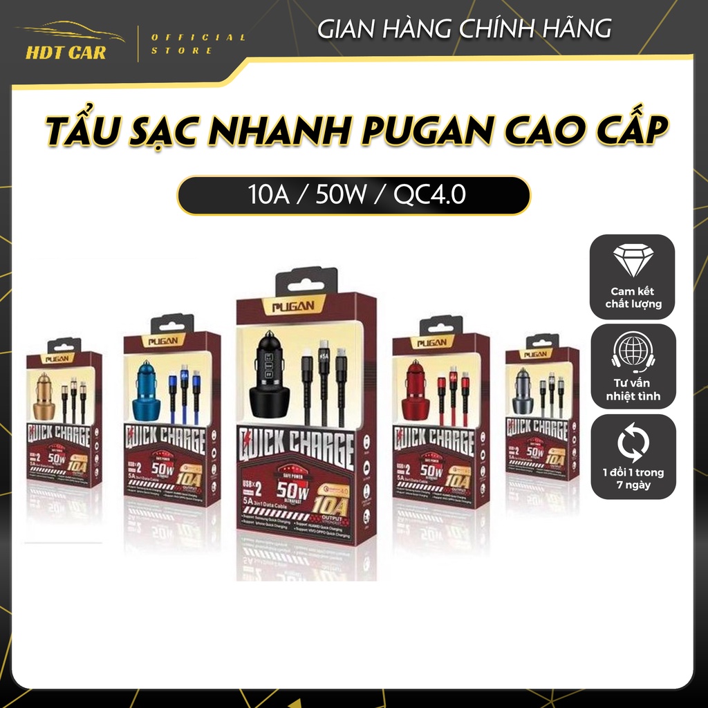 Tẩu sạc nhanh cho ô tô, Tẩu sạc nhanh Pugan 10A, 50W, Công nghệ QC 4.0, 2 cổng USB, dây 3 đầu sạc Dùng cho mọi loại xe