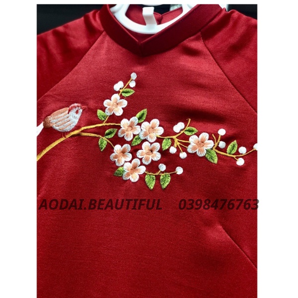 Áo dài cách tần xuông thêu chim hoa ,áo dài "NỮ NHI" tay lỡ màu đỏ tươi xinh xỉu luôn -THAO.AODAI