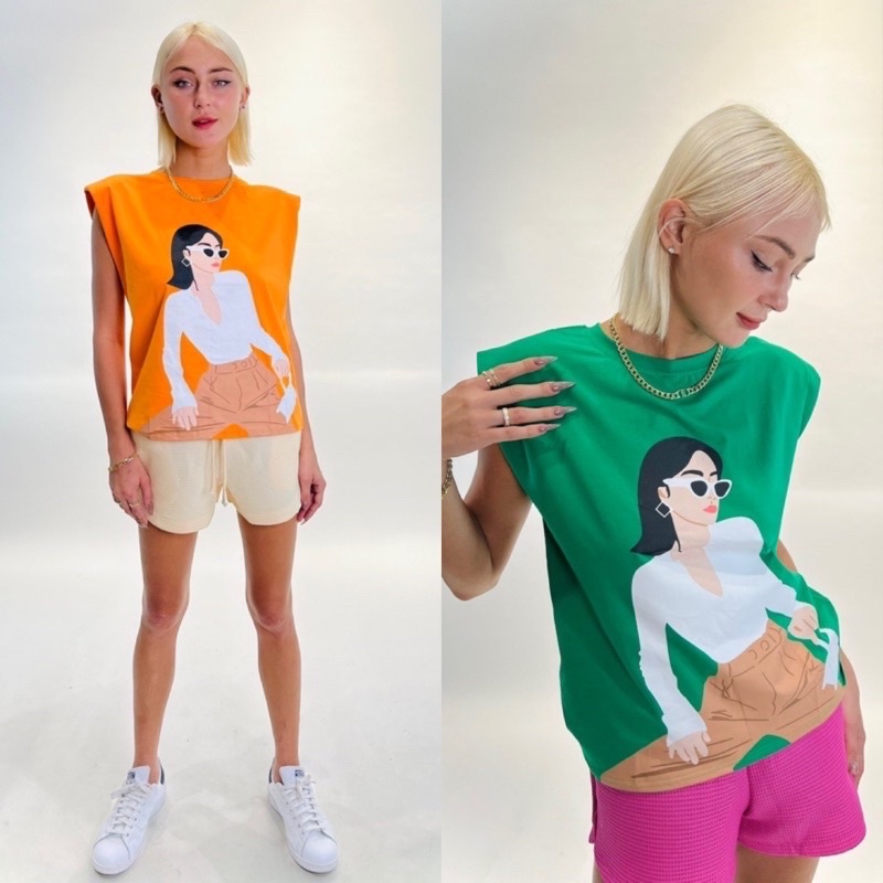 Áo độn vai iClassic thun cotton phông sát nách Cam Xanh Lá thời trang nữ áo kiểu sang trọng thanh lịch đi chơi dạo phố