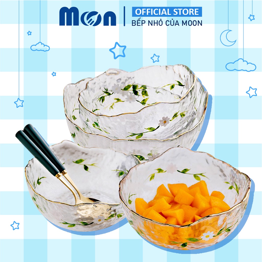 Bộ bát ăn cơm, set chén dĩa, bộ chén thủy tinh đựng thức ăn, trái cây thiết kế hoa văn vòng lá, tinh tế sang trọng