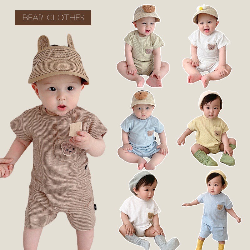 Bộ cộc tay cotton tăm lạnh thêu hình gấu dễ thương cho bé trai bé gái B02