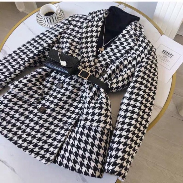 Áo khoác/ Áo dạ phối màu đen trắng kèm belt túi kẻ xinh xắn dành cho nữ
