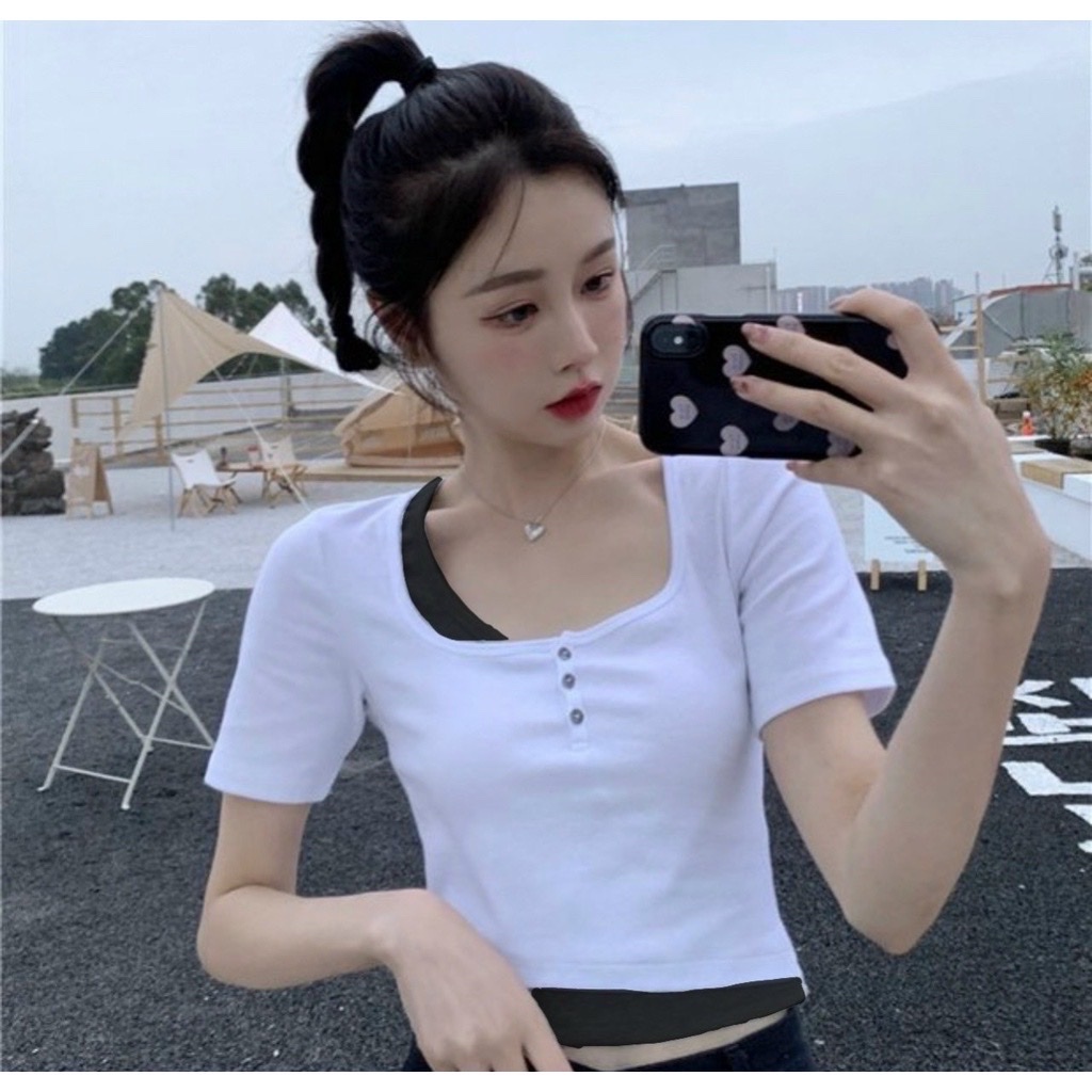 Áo thun tay ngắn hai lớp áo phong cách Hàn Quốc cho nữ