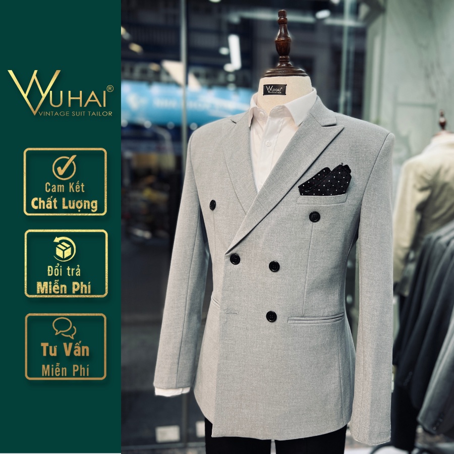Vest Nam đẹp 6 cúc màu ghi sáng, Áo Blazer nam phong cách Hàn Quốc