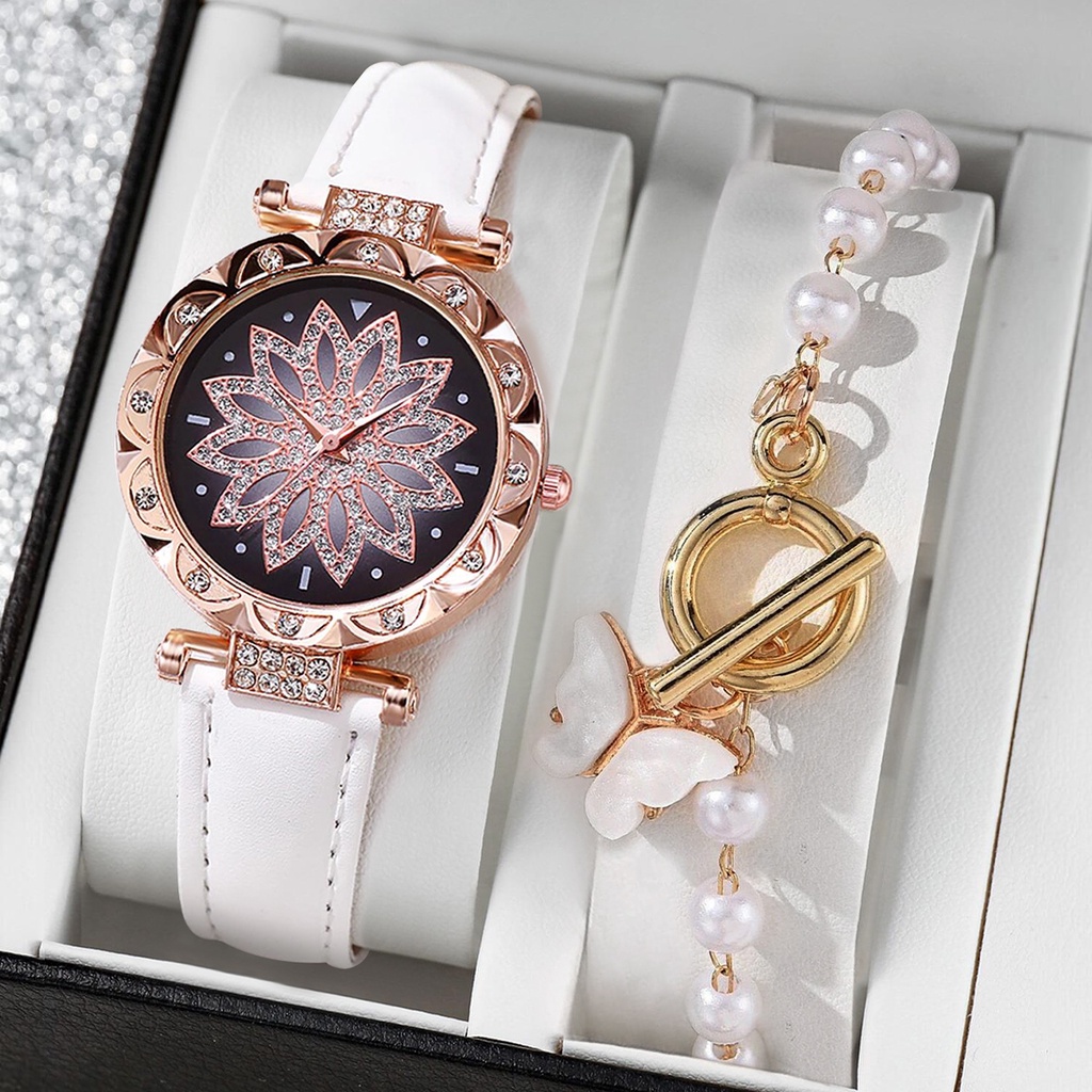 Đồng Hồ Quartz Nữ Mặt Đính Hột Xoàn Dây Da