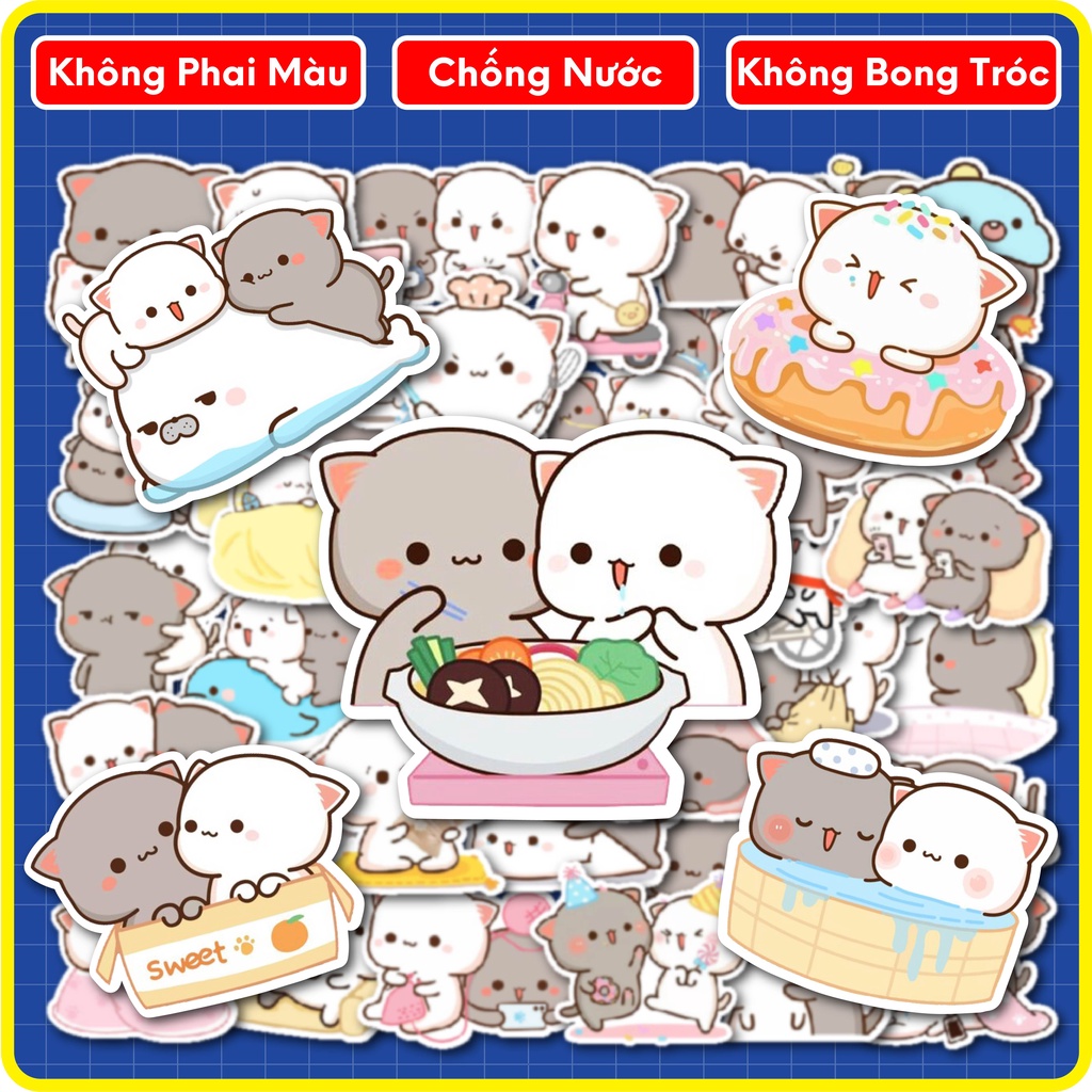 Bộ 40 Sticker Cặp Đôi Mèo Đáng Yêu - Sticker Chống Nước Dán Laptop, Bình Nước, Sổ Tay, Mũ Bảo Hiểm...