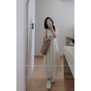 Đầm BBD hoa thêu voan màu kem tay ngắn 2 lớp freesize Pumi