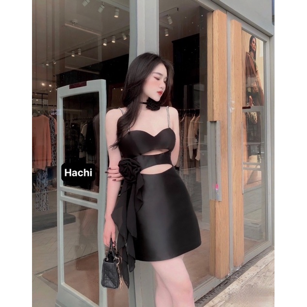 Đầm dự tiệc khoét eo 2 dây đính hoa váy nữ đi chơi
