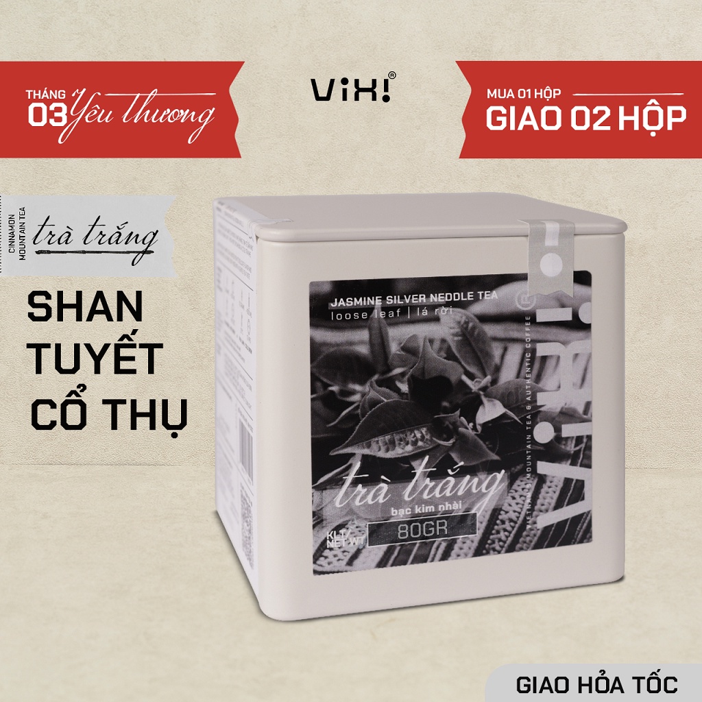 Trà trắng bạc kim ViXi từ trà Shan tuyết cổ thụ ướp hoa nhài vị thanh ngọt hậu hộp 80 gr