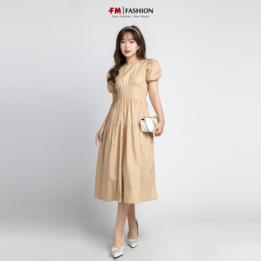 Váy thiết kế nữ FM STYLE kiểu dáng tay ngắn bồng cổ tròn dáng dài tầng thời trang tiểu thư phong cách Hàn Quốc 23020285