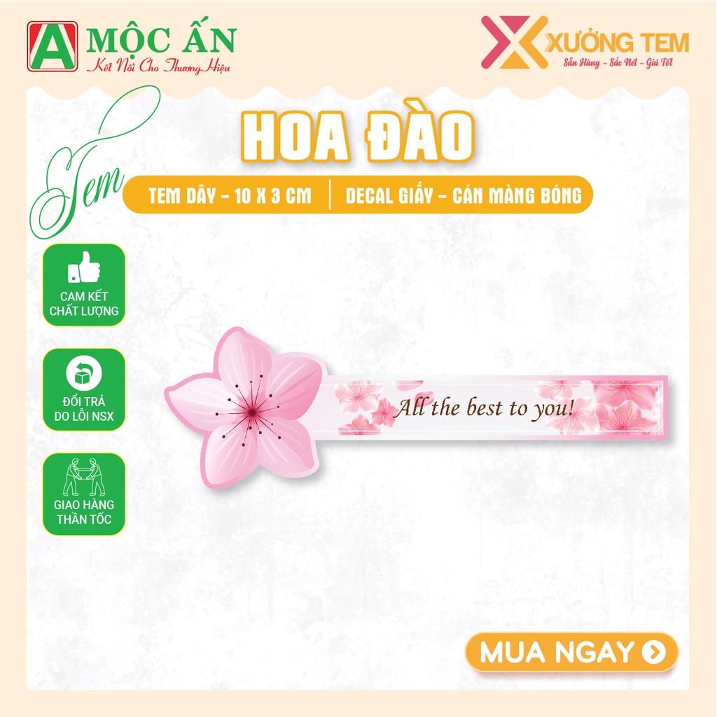 Tem Dán Dây Hoa Đào - Nhãn Dán Nắp, Niêm Phong Túi, Hộp Bánh - Cán Bóng, Siêu xinh xắn