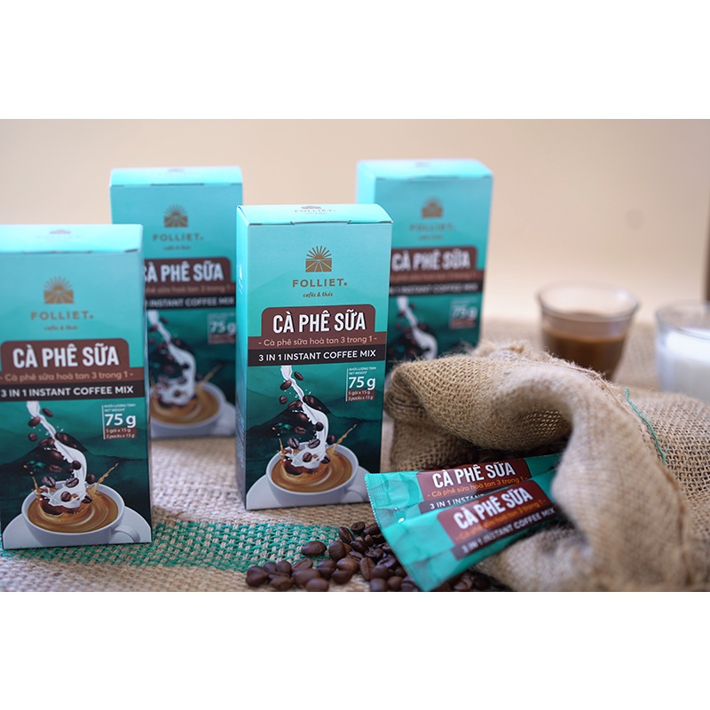 Cà phê sữa hòa tan 3 in 1 Folliet (15 gram/ tuýp, 5 tuýp/hộp)