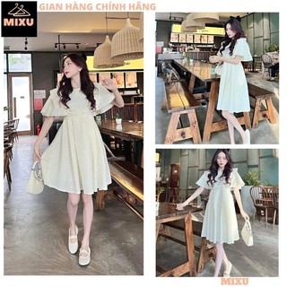 Váy Nữ Dáng Xoè Chất Vải Gấm Viền Bèo Ngực Thiết Kế Sang Chảnh, Đầm Kem Tay Bồng Điệu Đà Đi Chơi Đi Làm Cực Xinh - MIXU