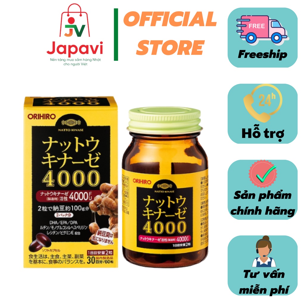 Viên uống chống đột quỵ tai biến Orihiro Nhật Bản Natto 4000 FU 60 viên nâng cao sức khỏe