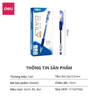 Hộp 12 Bút gel Nước Deli 6600S ngòi 0.5mm Đỏ, tím, xanh, đen - Viết êm trơn, Thiết kế tay cầm chống trơn trượt