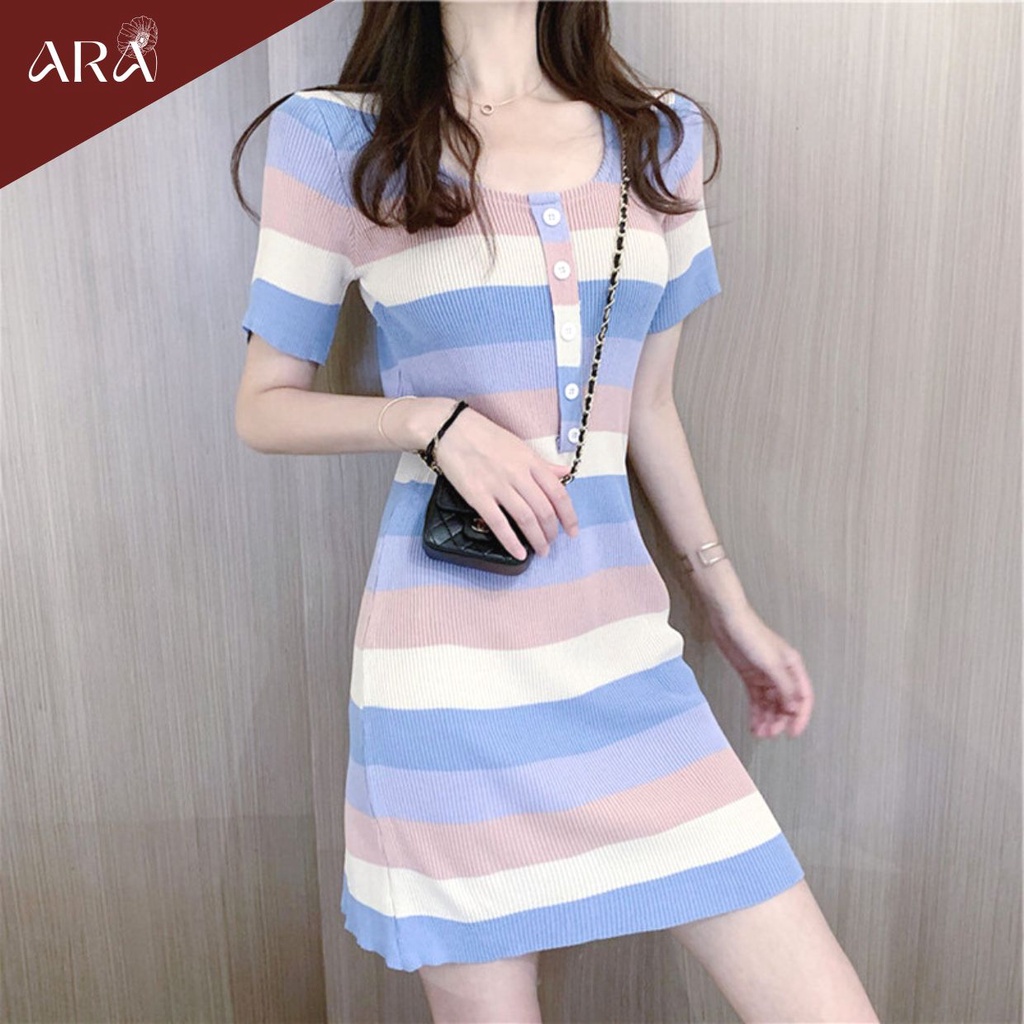 Váy đầm hè thường ngày mặc đi chơi, Đi Biển, Hoạ tiết sọc ngang, màu sắc tươi mới, ngọt ngào