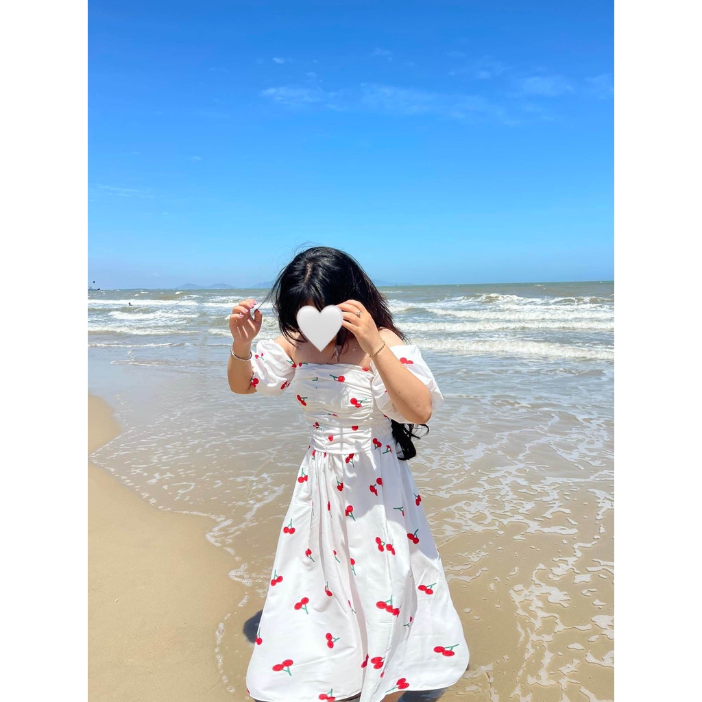 Đầm Maxi Hoa Nhí Trễ Vai Tay Phồng Có Mút, Váy Trễ Vai Hoa Nhí Dáng Dài