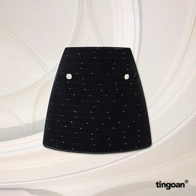 TINGOAN® - Chân váy tweed đen cạp cao viền bện xích phối cúc ngọc CRYSTAL LADY SKIRT/BL