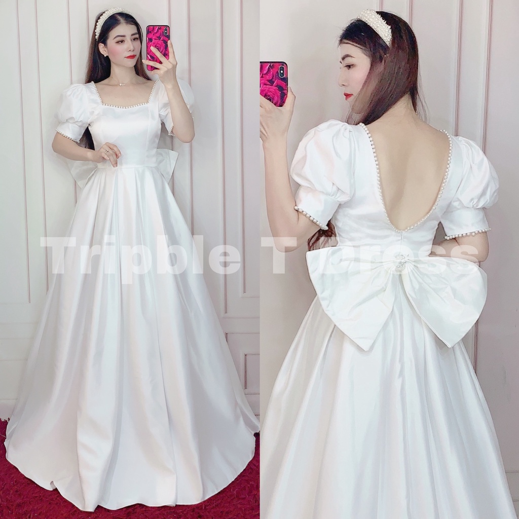 Đầm maxi cưới TRIPBLE T DRESS cổ U tay ngắn phồng hở lưng kết viền ngọc - size S/M/L - MS273Y