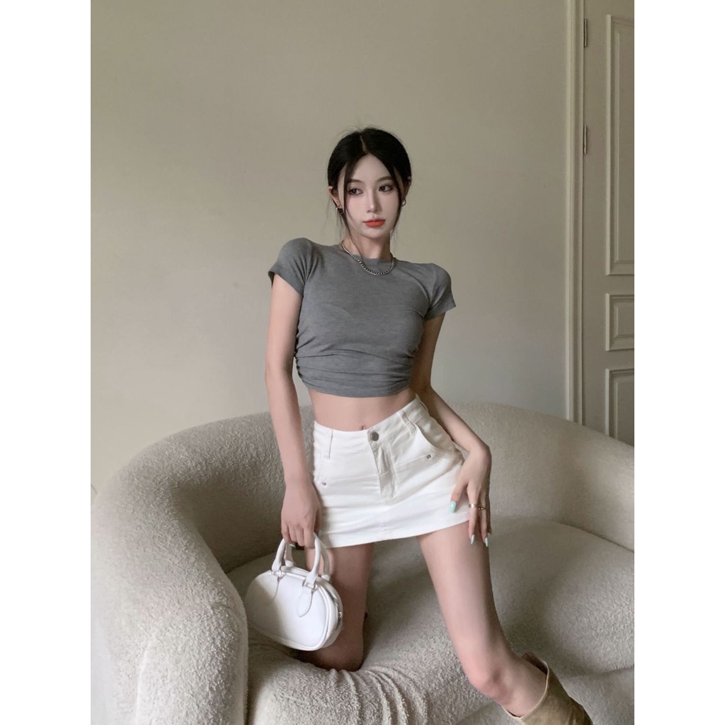 Jiashucheng Quần Culottes Denim Trắng Lưng Cao Thoải Mái Gợi Cảm Mùa Hè Cho Nữ Hakama