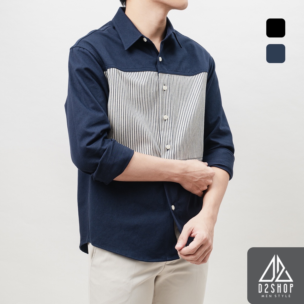 Áo sơ mi nam D2shop, áo sơ mi nam dài tay, vải kaki dày, phối sọc ngực, màu xanh đen [SM-2235]