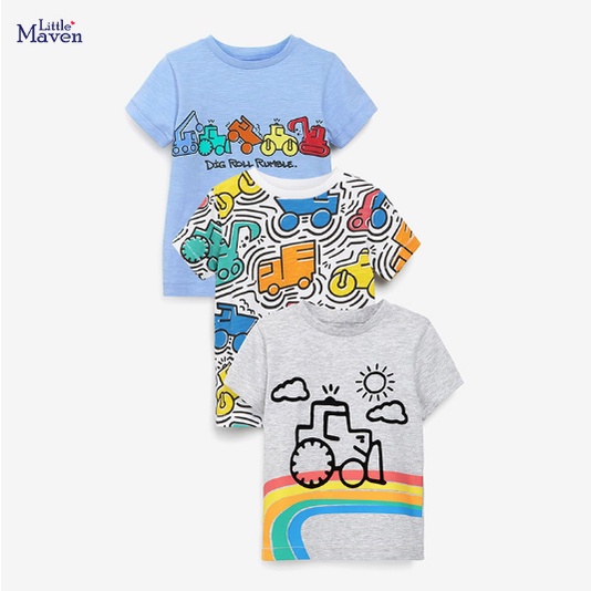 Mã 53050, 53051 áo thun bé trai in hình máy xúc, máy kéo, máy cẩu của Little Maven