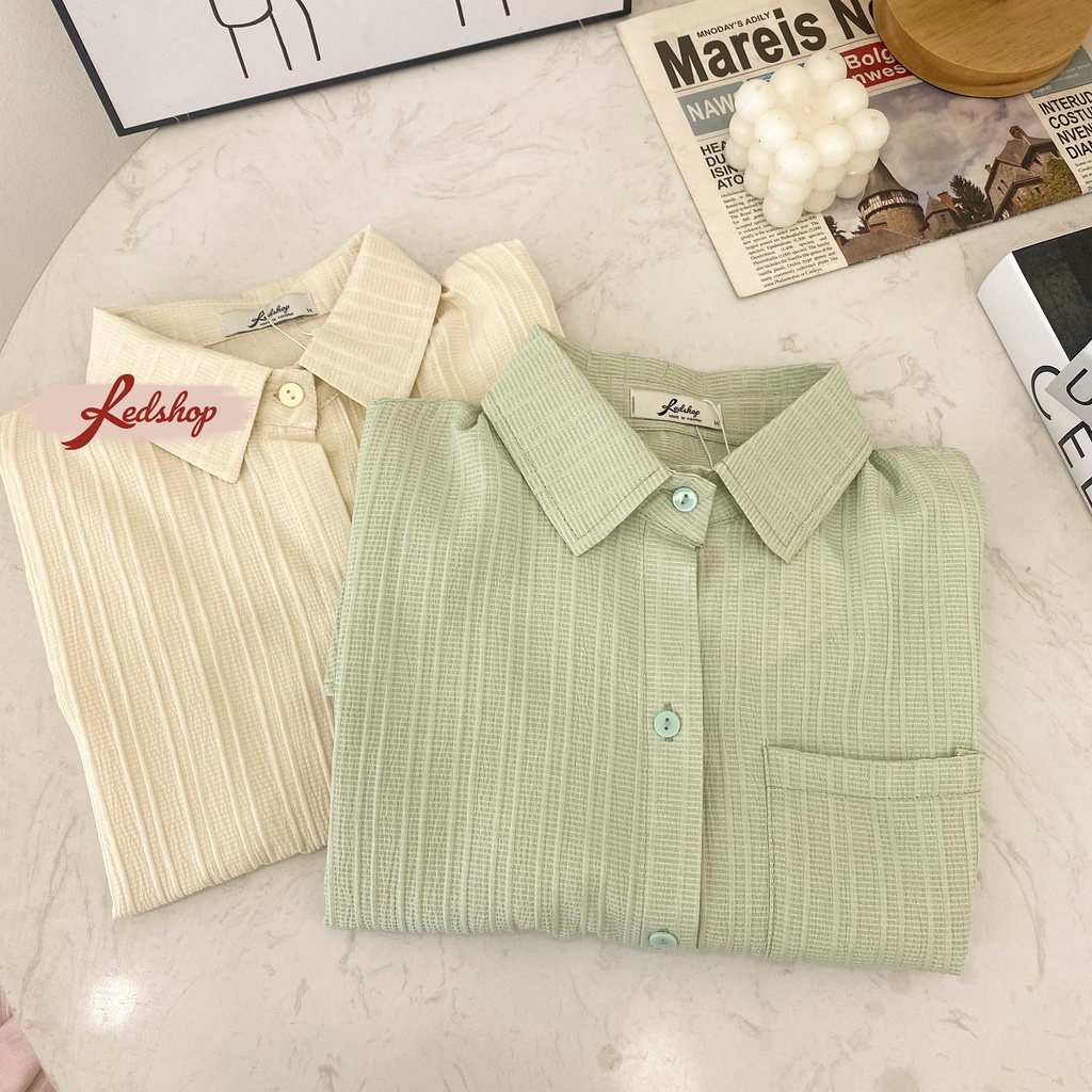 Áo sơ mi công sở nữ tay dài vải đũi sọc gân co giãn  - Red Shop