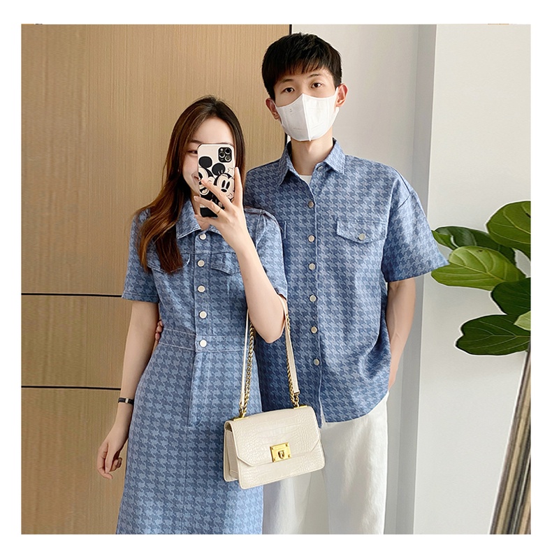 SET ĐỒ ĐÔI TÌNH NHÂN KẺ KARO MÀU XANH CHẤT BÒ MỀM ÁO SƠ MI NAM VÀ VÁY ĐẦM ĐUÔI CÁ NỮ. NEW 2023
