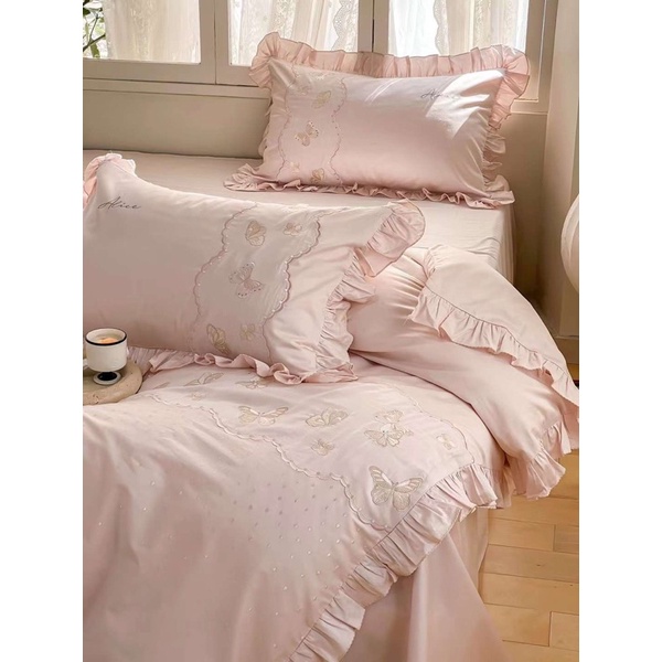 Bộ chăn ga gối Cotton Lụa thêu hình bướm viền bèo 2 màu trắng hồng