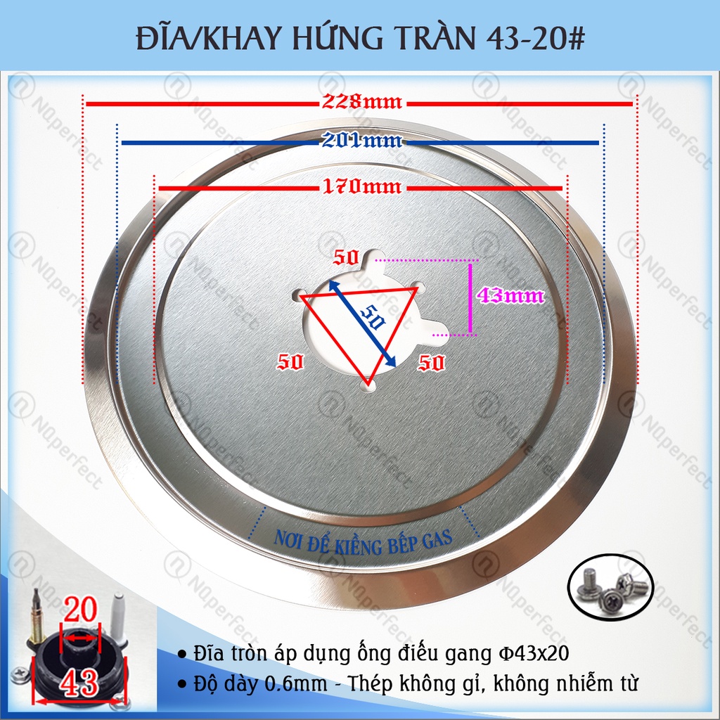 Khay hứng tràn inox bếp gas âm.. (002A/002B) - đĩa tròn 43-20#