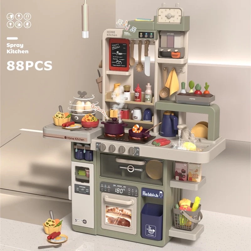 Đồ chơi kệ bếp 88 chi tiết cho Bé - Bếp có phun khói, vòi nước chảy thật, cắt trái cây