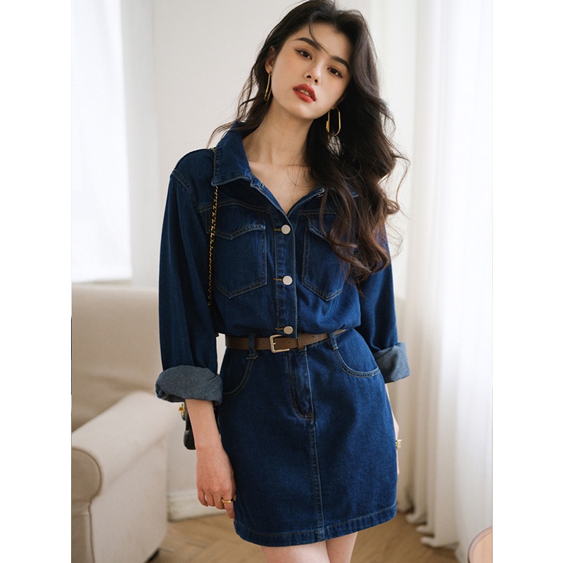 DIDIKA Đầm Denim Dáng Ôm Phong Cách Cổ Điển Thời Trang Xuân Thu Hàng Mới Dành Cho Bạn Nữ