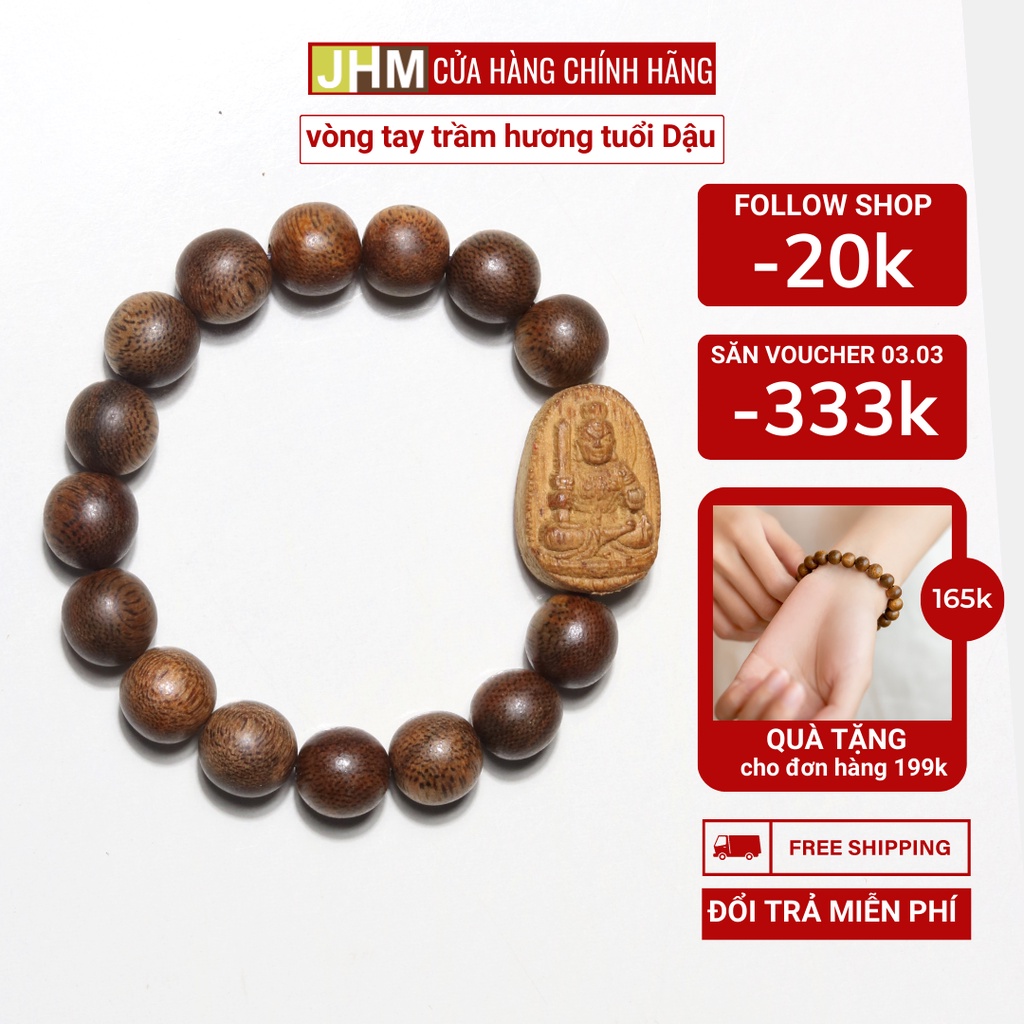 Vòng tay trầm hương tốc dành cho nam tuổi Dậu 12mm JHM phối mặt bản mệnh Bất Động Minh Vương