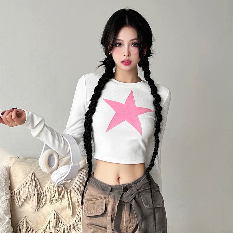 Weird Puss Áo Thun Tay Dài Hở Rốn Dáng Ôm Màu Sắc Tương Phản Phong Cách retro Dành Cho Nữ