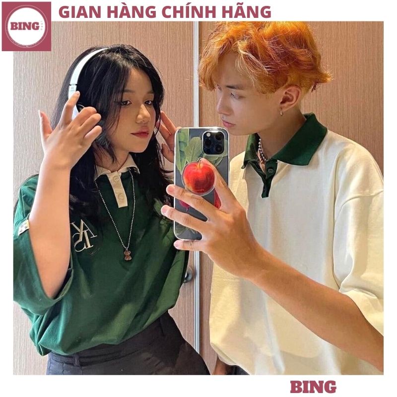 Áo polo XANH TRẮNG cổ sơ mi thêu chữ chất cá sấu cotton cao cấp, Áo thun nam nữ unisex cổ bẻ form rộng thể thao - BING