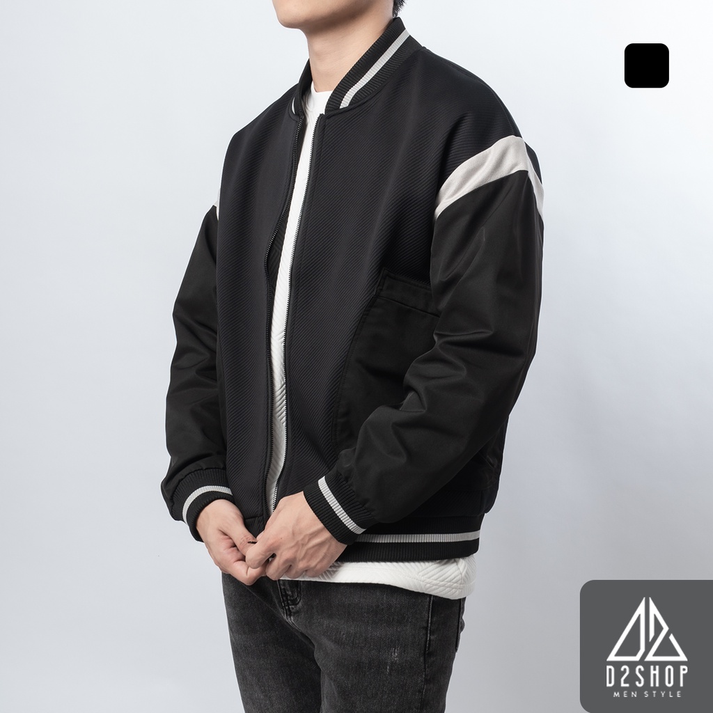 Áo khoác nam D2shop, áo khoác bomber phối viền vai, vải nỉ dập nổi, màu đen [K-807]
