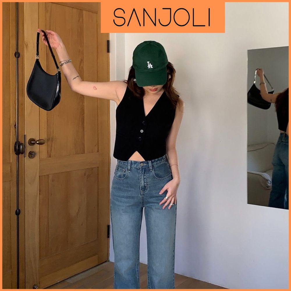 Áo Vest Nữ SANJOLI Áo Croptop Kiểu Gile Cổ V Ba Lỗ Sát Nách Phối Nút Thiết Kế Có Túi Phong Cách Hàn Quốc Jennie AO007
